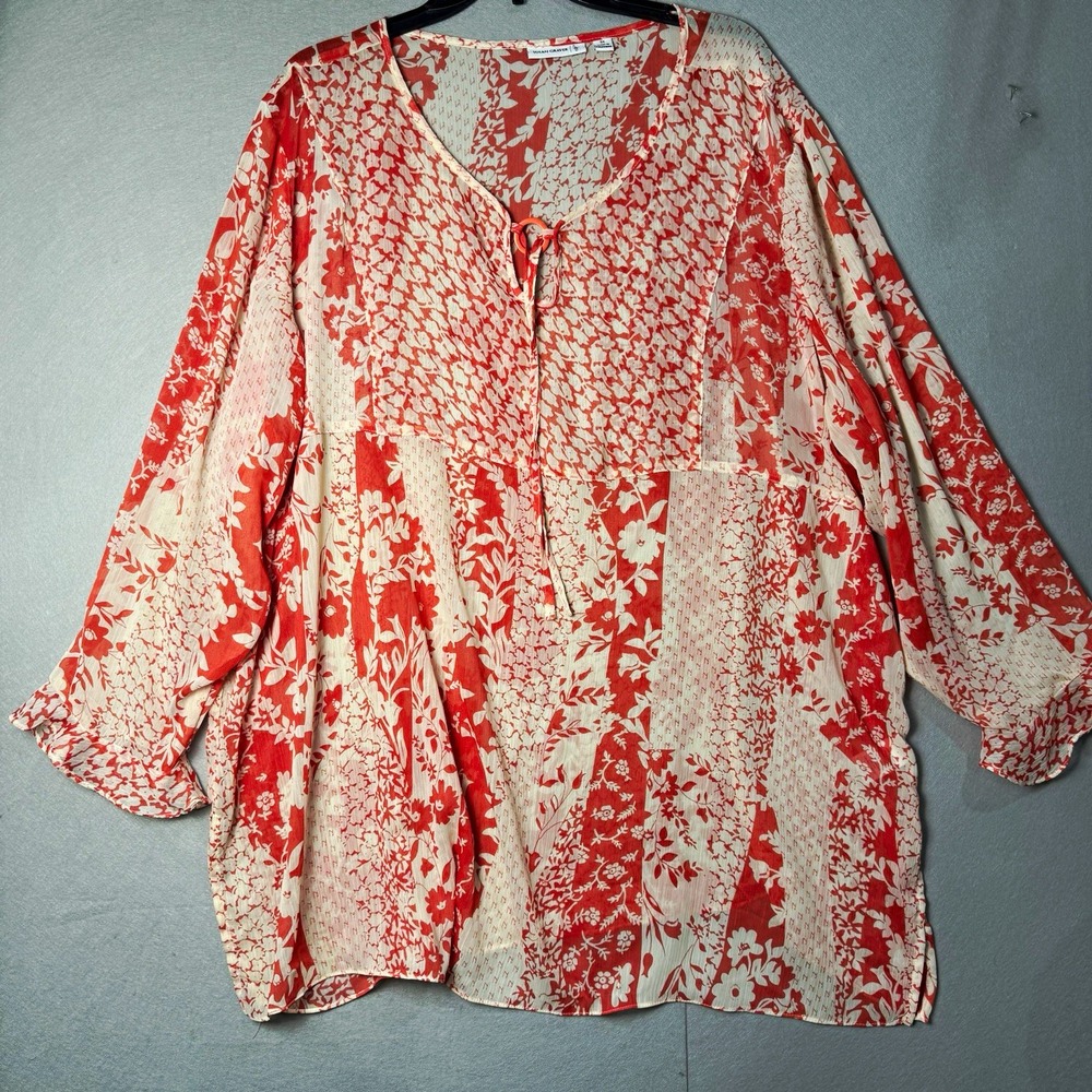 Susan Graver Womens Plus 3X Orange White Floral V-Neck Tie Tunic Blouse